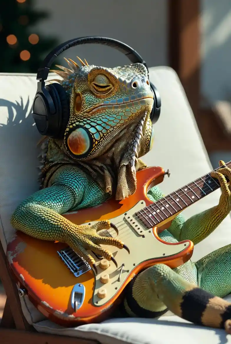 Anthropomorphic Iguana Guitarist Lounging On Sunlit Patio Chair