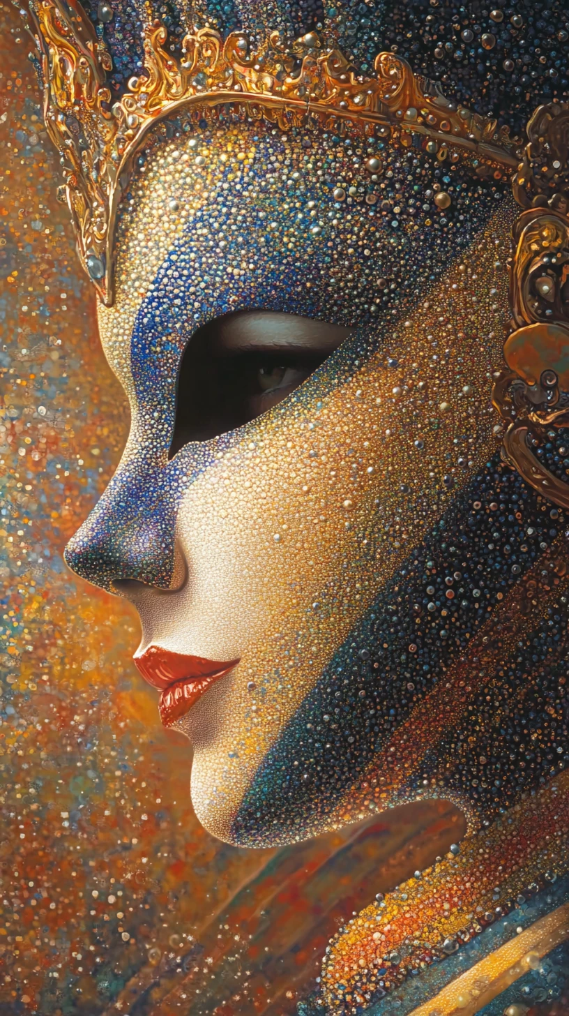 Surreal faceted glass woman with merging venetian mask