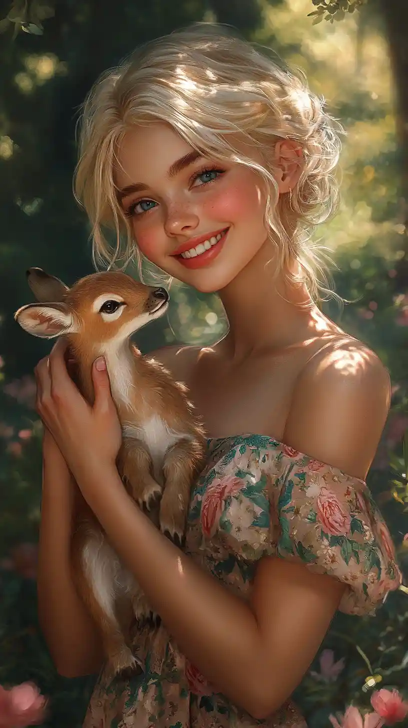 Smiling blonde girl holding a gentle fawn in summer light