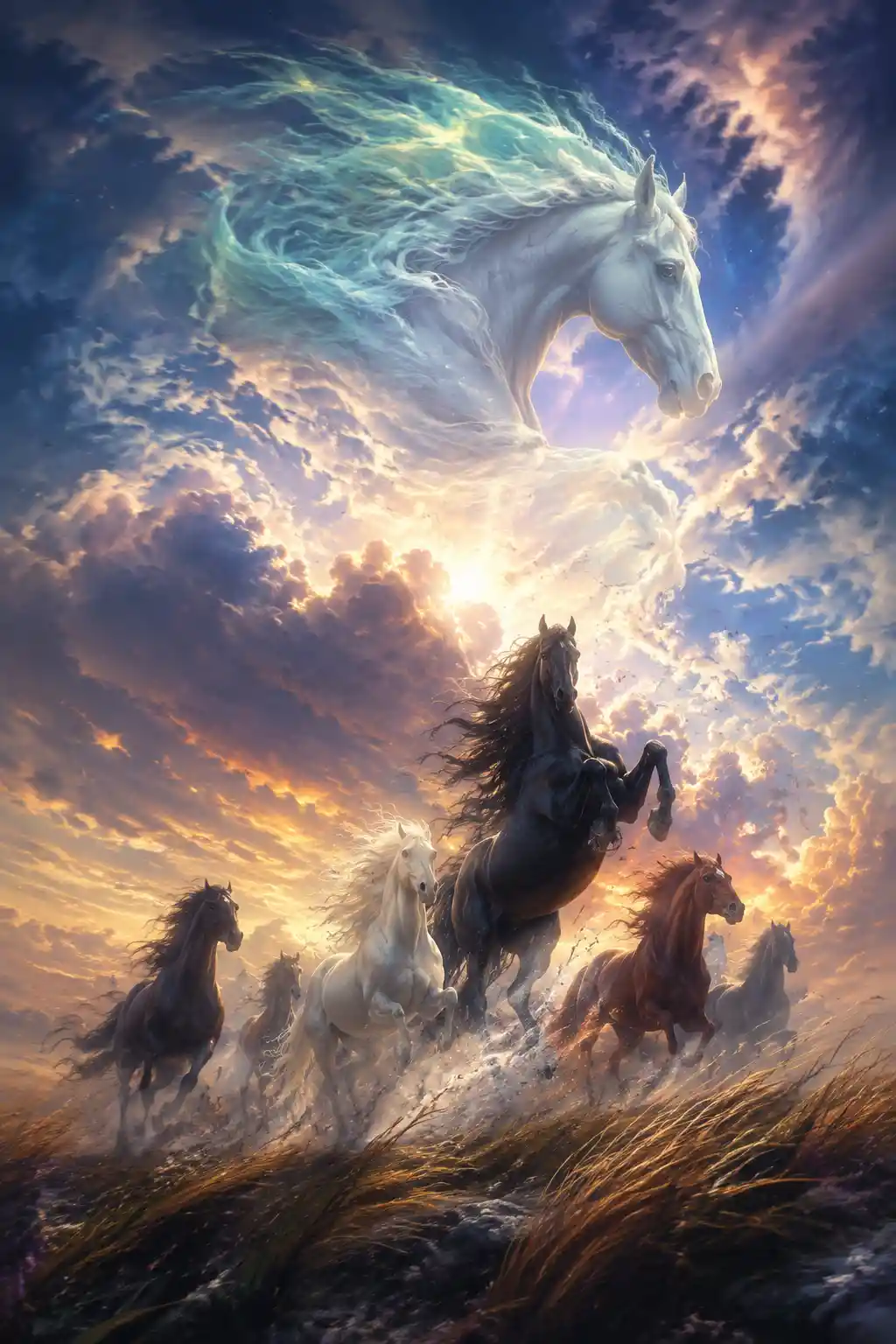 Low angle silhouette of wild horses against dramatic sky