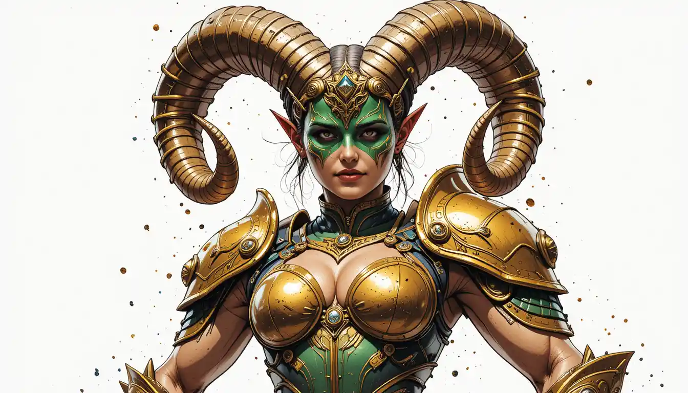Horned masked warrior woman in ornate green armor