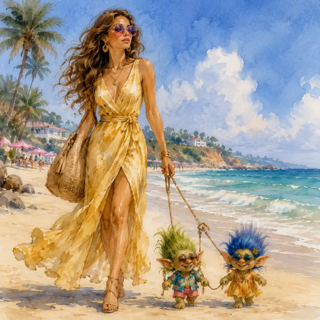 Stylish woman walking tiny trolls along a sunny beach