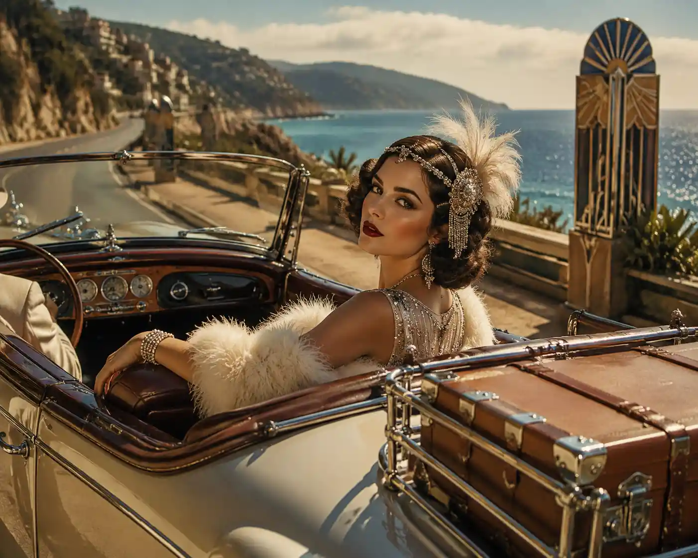 Donna in stile flapper in cabriolet d’epoca su strada costiera