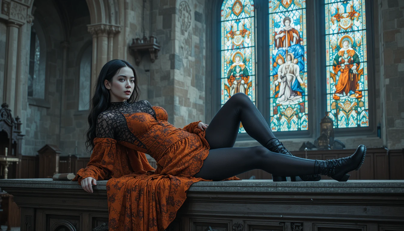 Goth woman reclining on a church altar in lace attire