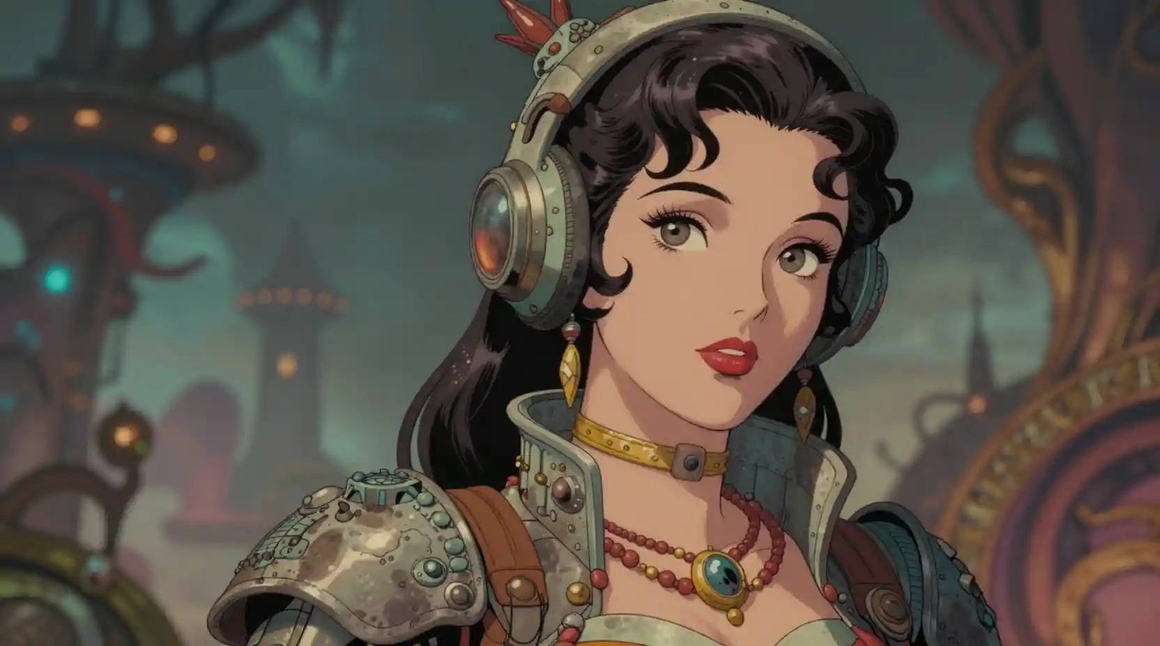 Eroina fantasy retro-futuristica in un morbido paesaggio onirico