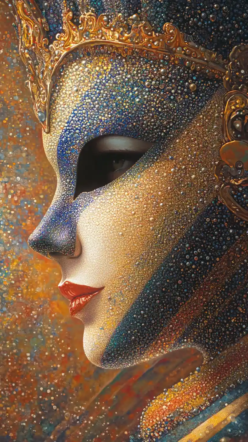 Surreal faceted glass woman with merging venetian mask