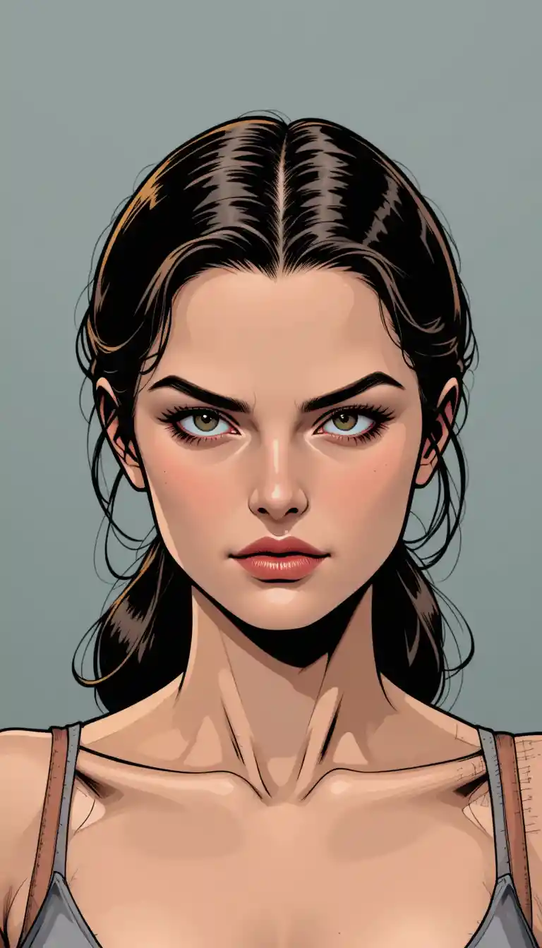 Focused young woman in close up portrait against gray