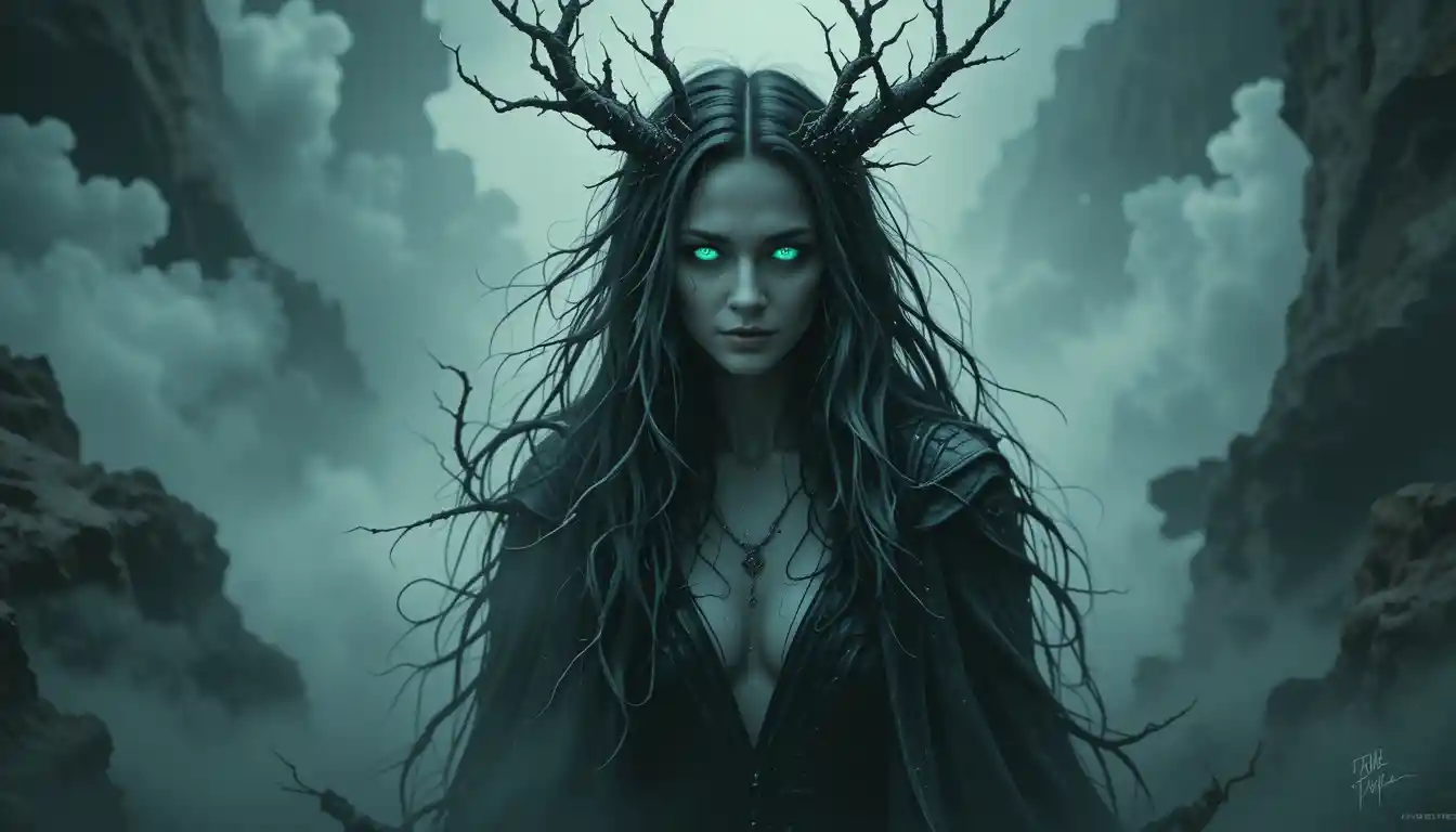 Corrupted female druid emerging from glowing green mist