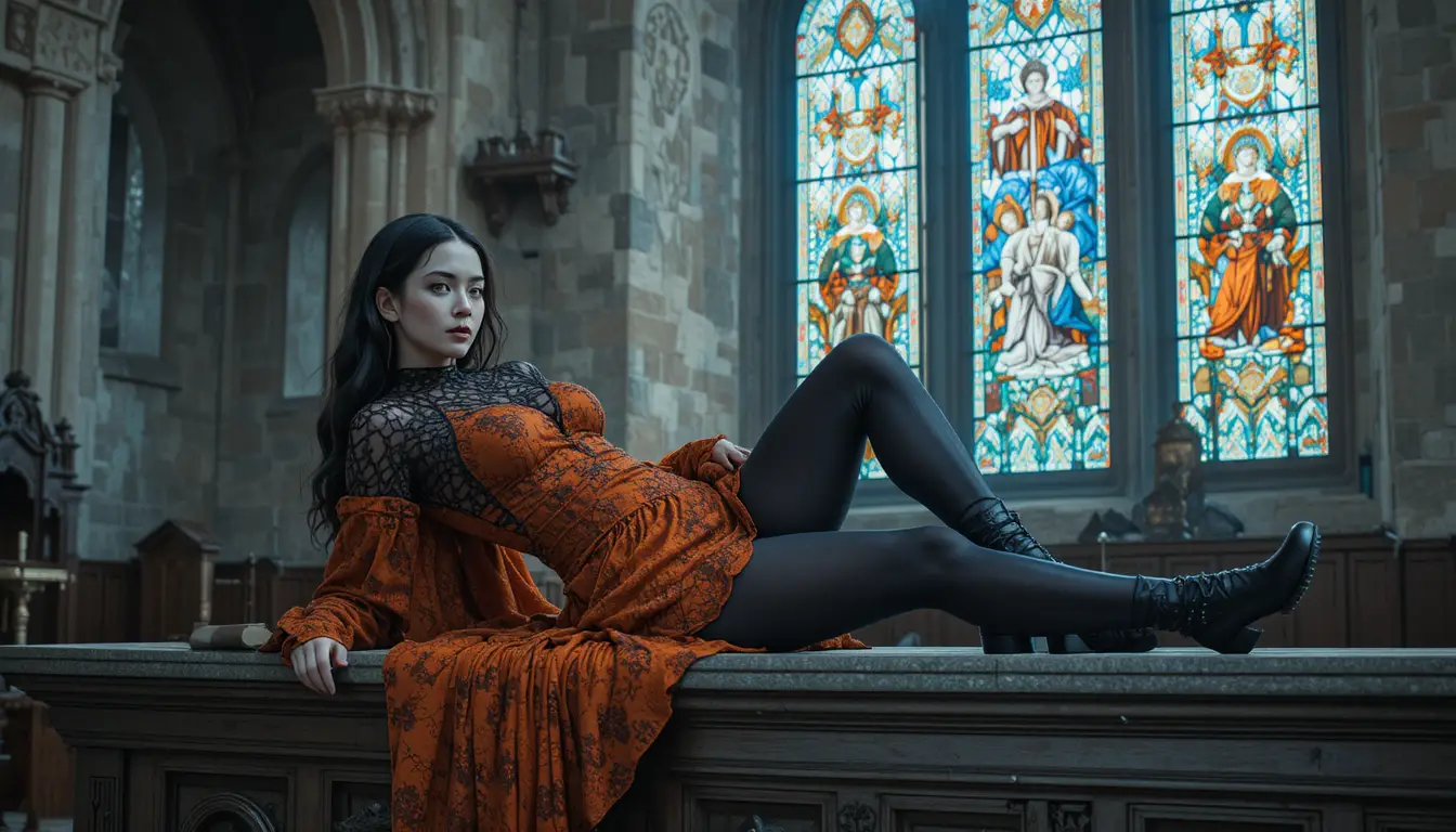 Goth woman reclining on a church altar in lace attire