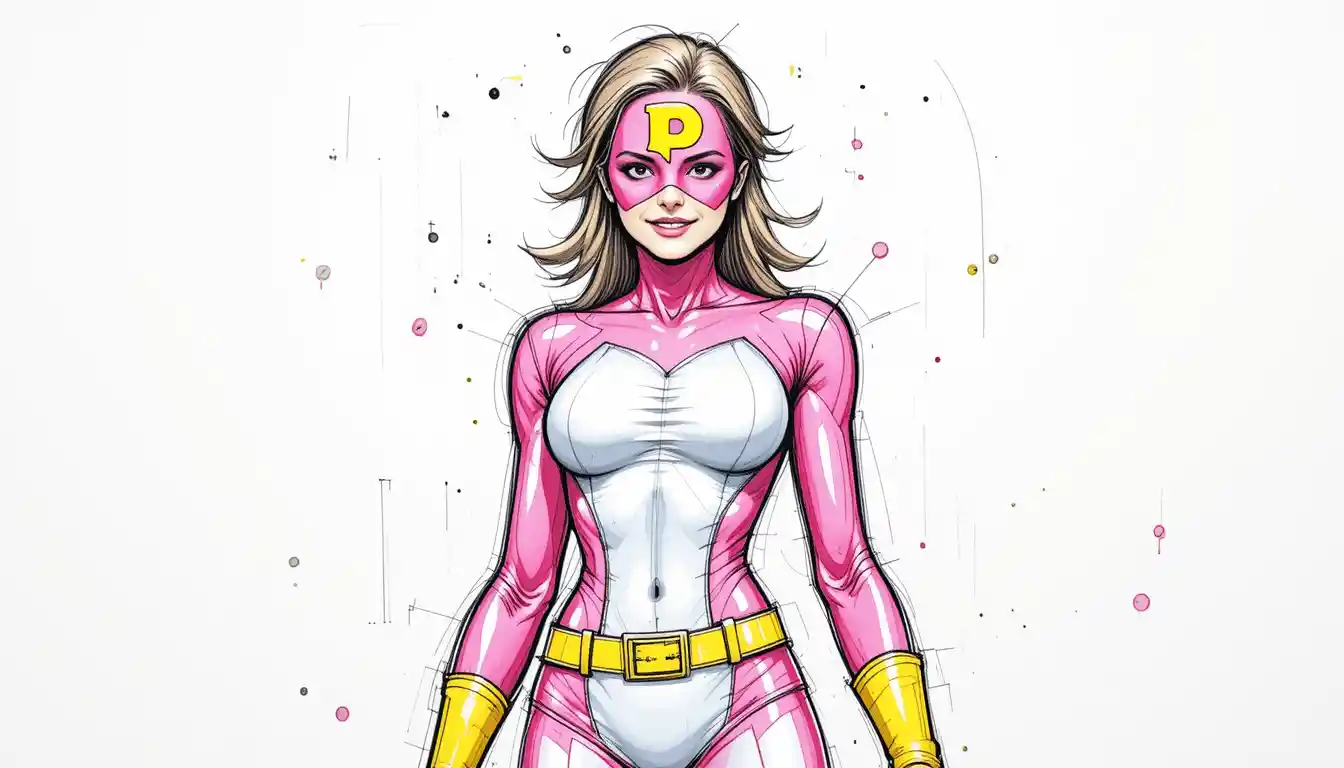 Pencil sketch of a female superhero in a pink costume