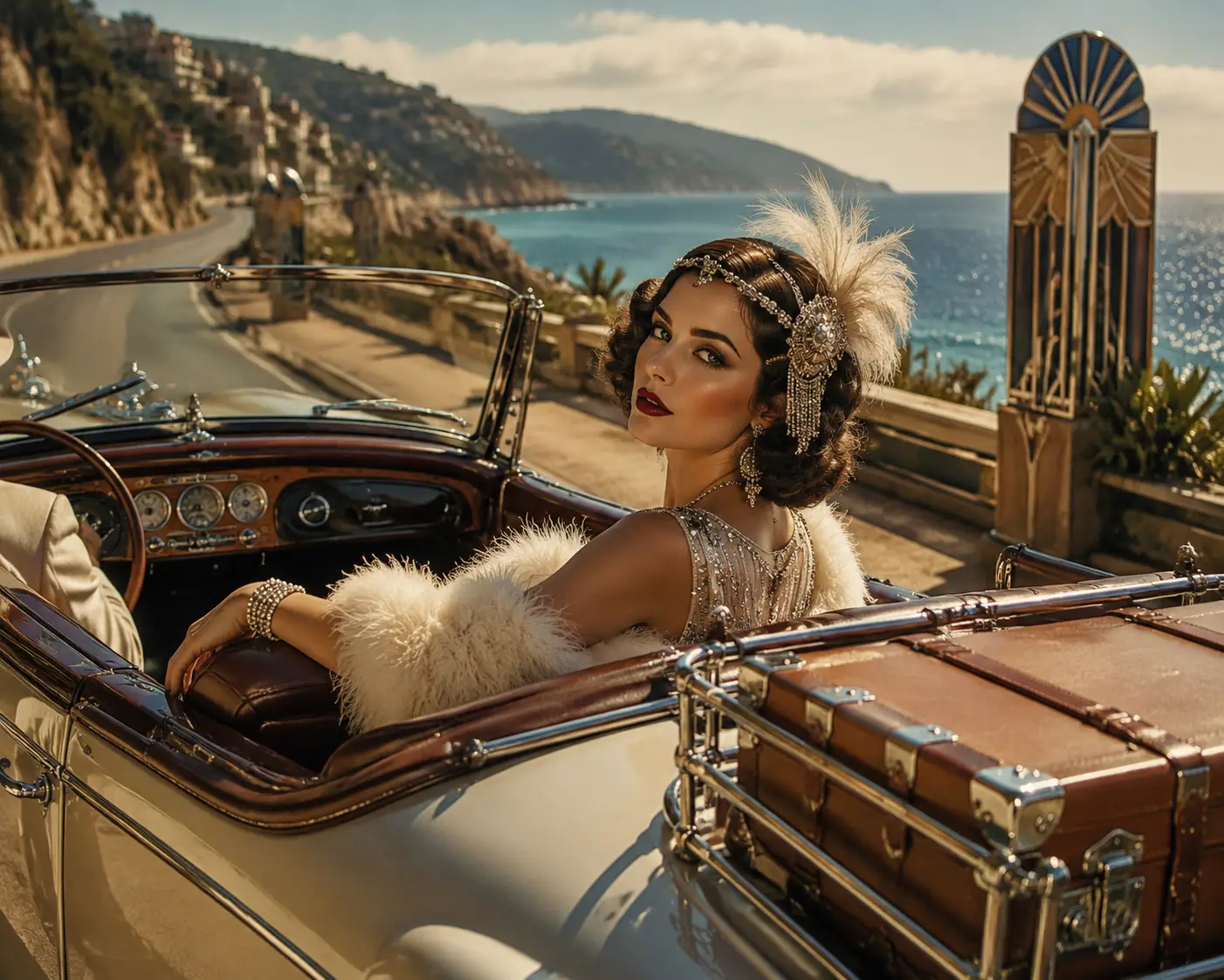 Flapper style woman in a vintage convertible on coastal road