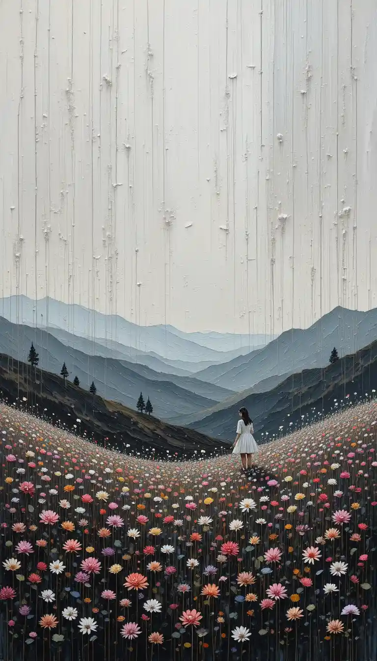 Ethereal landscape with distant joyful woman in devotion
