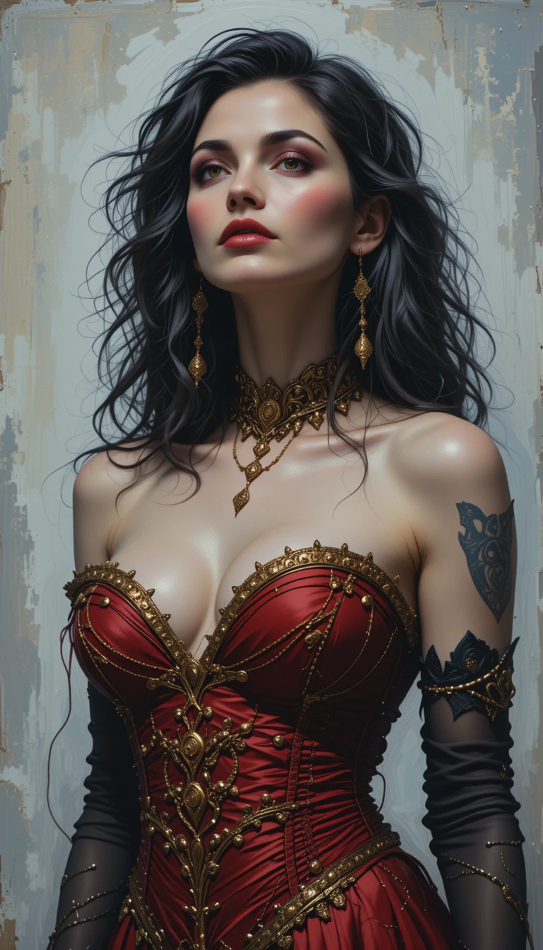 Vampire woman in scarlet corset against pale gray background