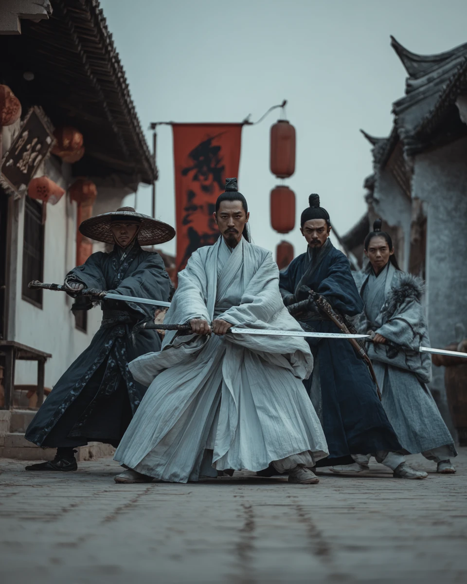 Martial artists facing off in an ancient Chinese water town