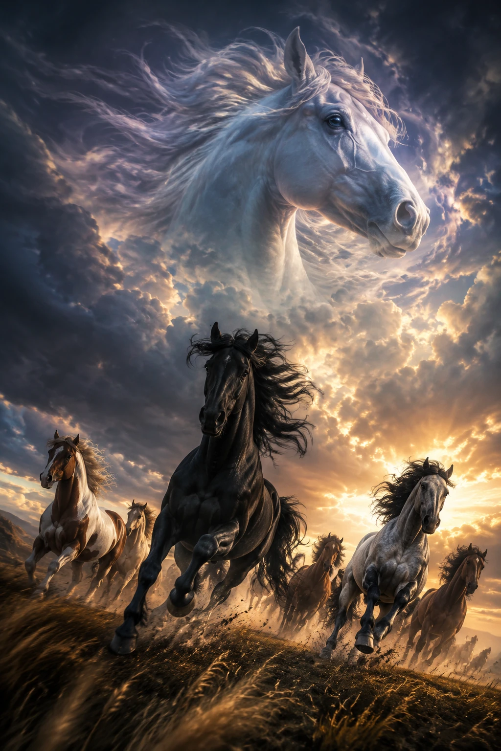 Low angle view of running horses under dramatic clouds