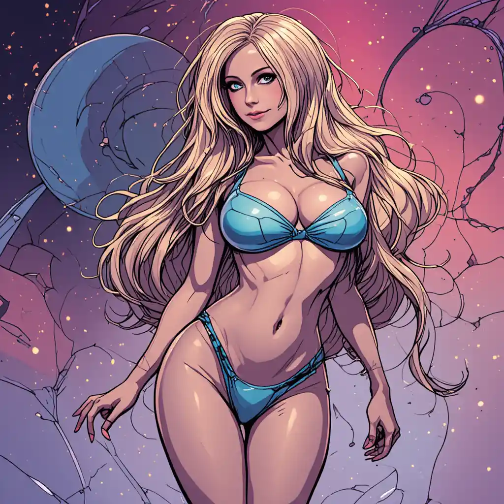 Curvy sci fi girl in micro bikini with bold comic style