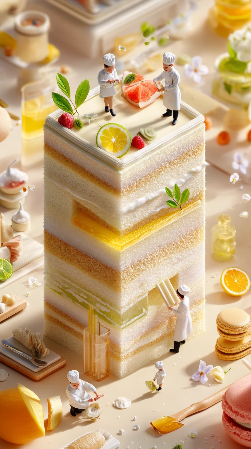 Mini-Konditoren dekorieren eine hohe sommerliche Schichttorte