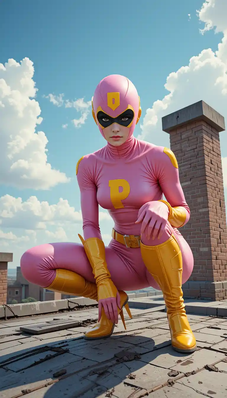 Pink masked superhero crouching on a city rooftop