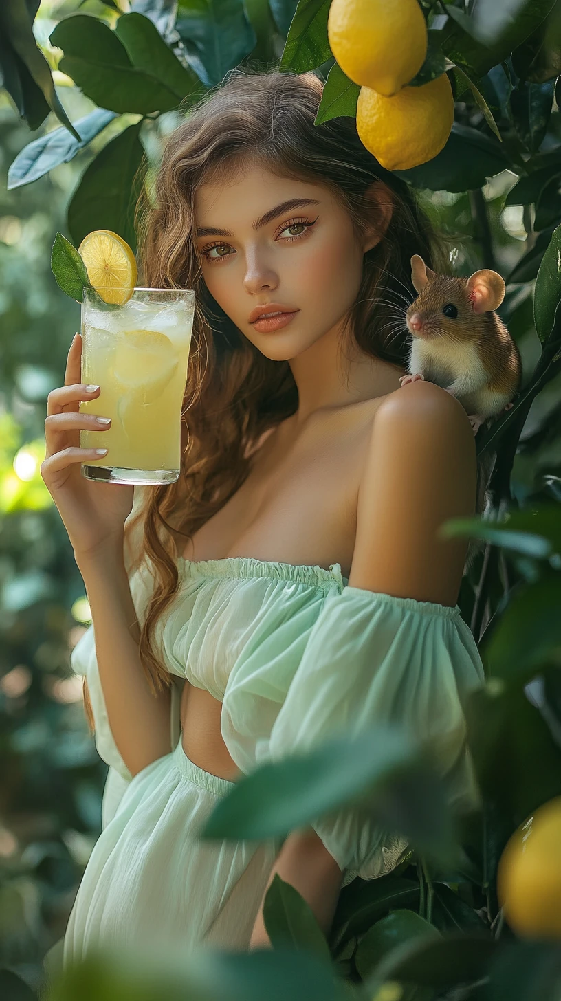 Young woman in mint dress with lemonade in garden