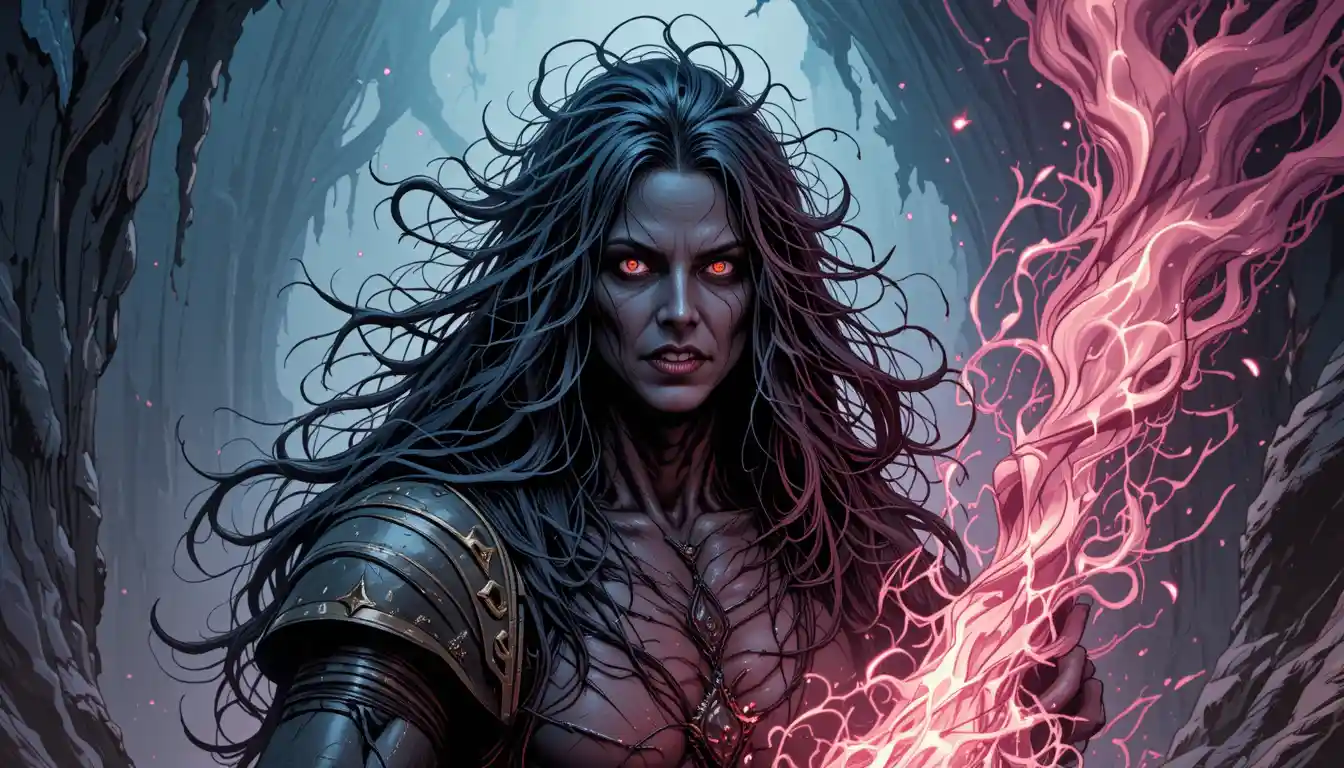 Corrupted dark fantasy druid with ashen skin and pale eyes