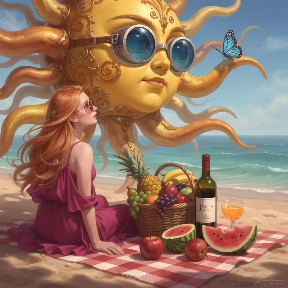 Surreal beach picnic with woman and smiling sun character