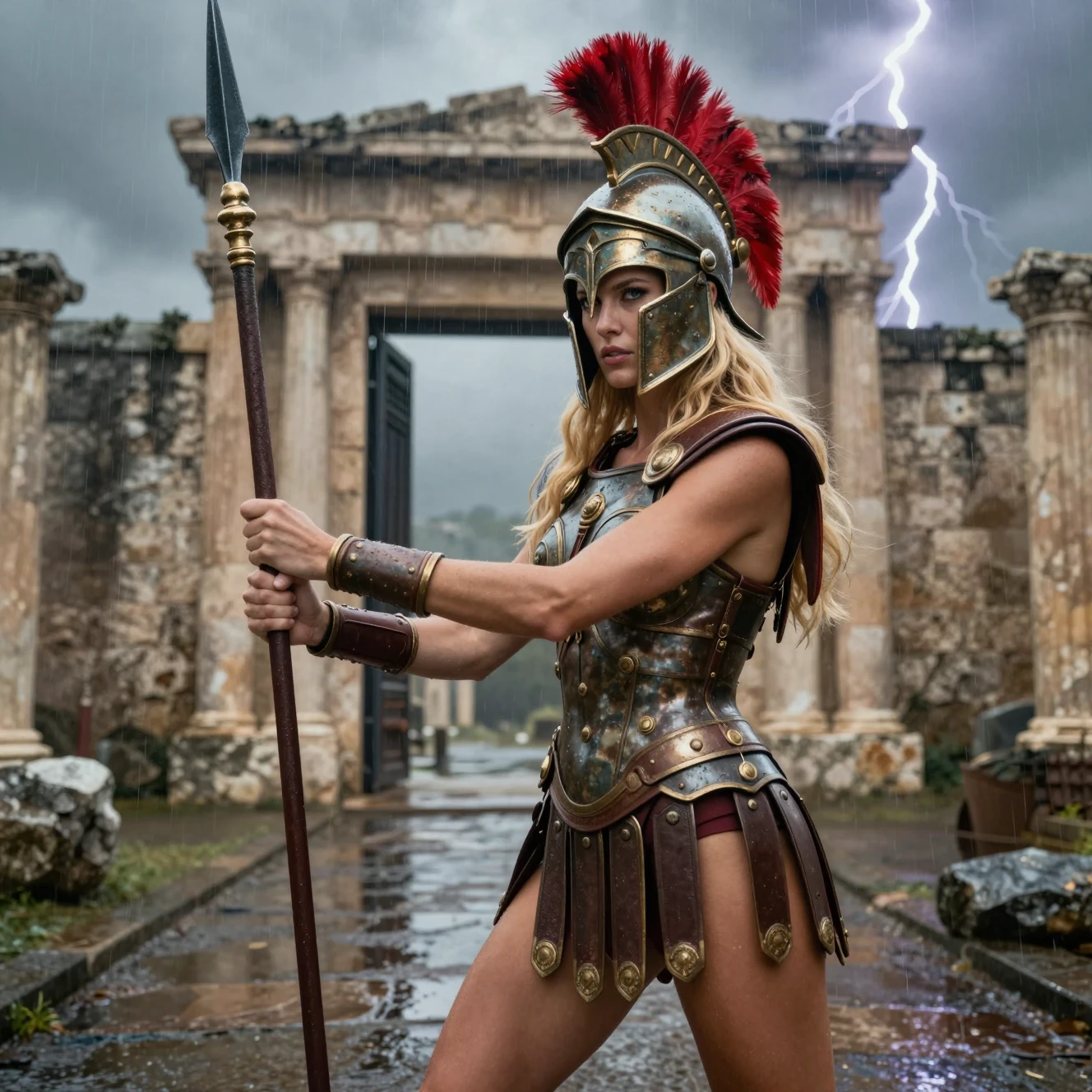 Blonde warrior woman in Spartan armor before city gate