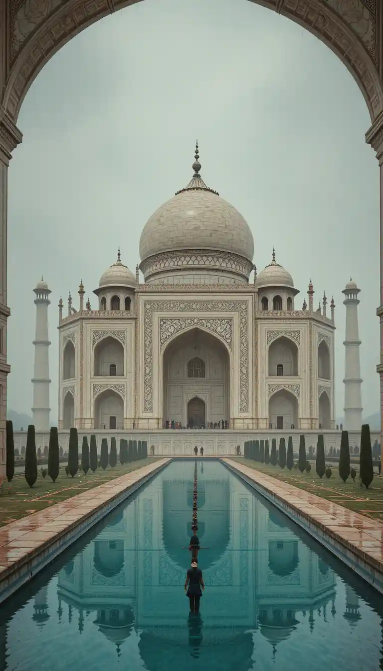 Cinematic low angle view of the Taj Mahal monument