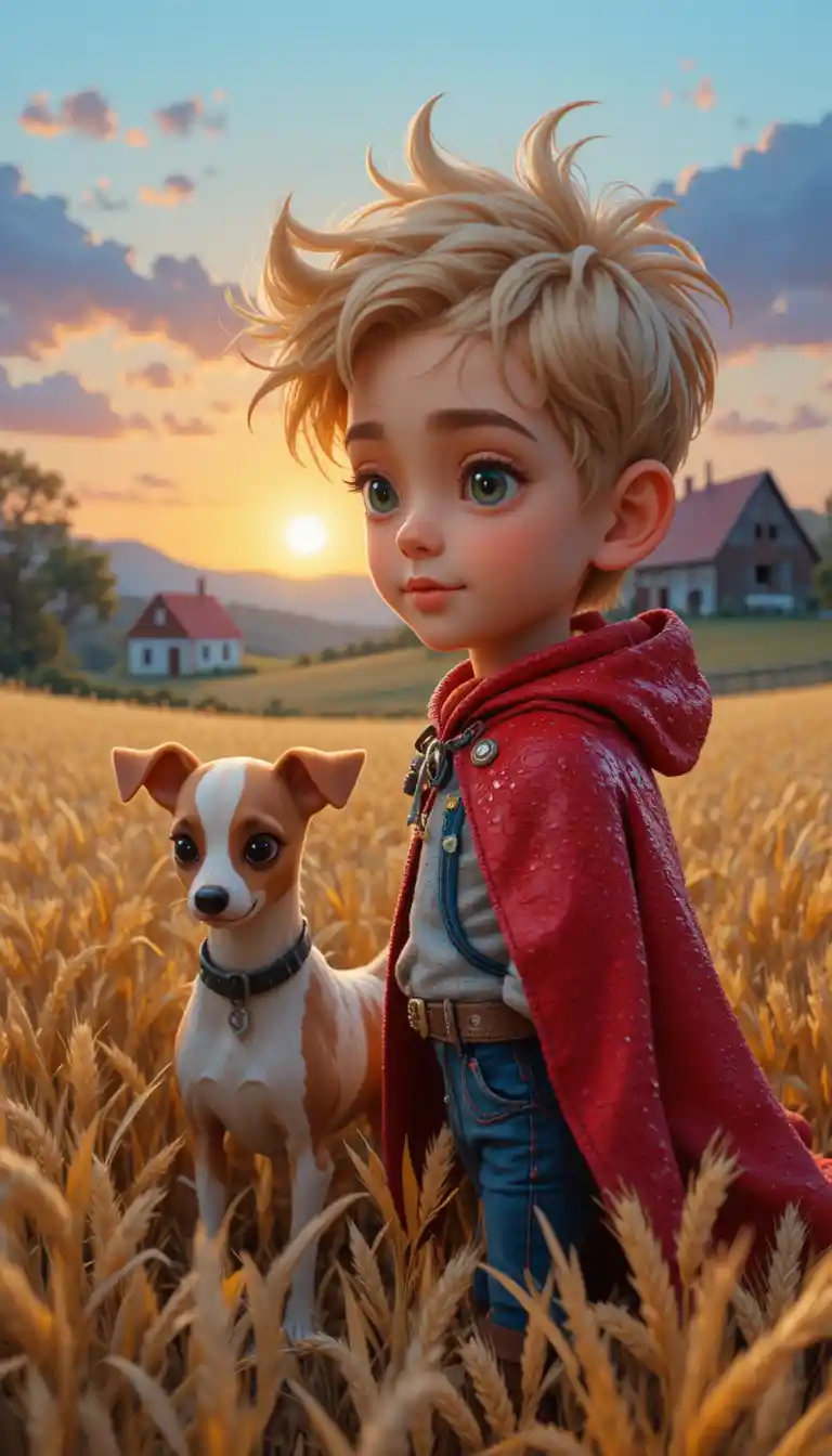 Young boy in red cape standing in a wheat field