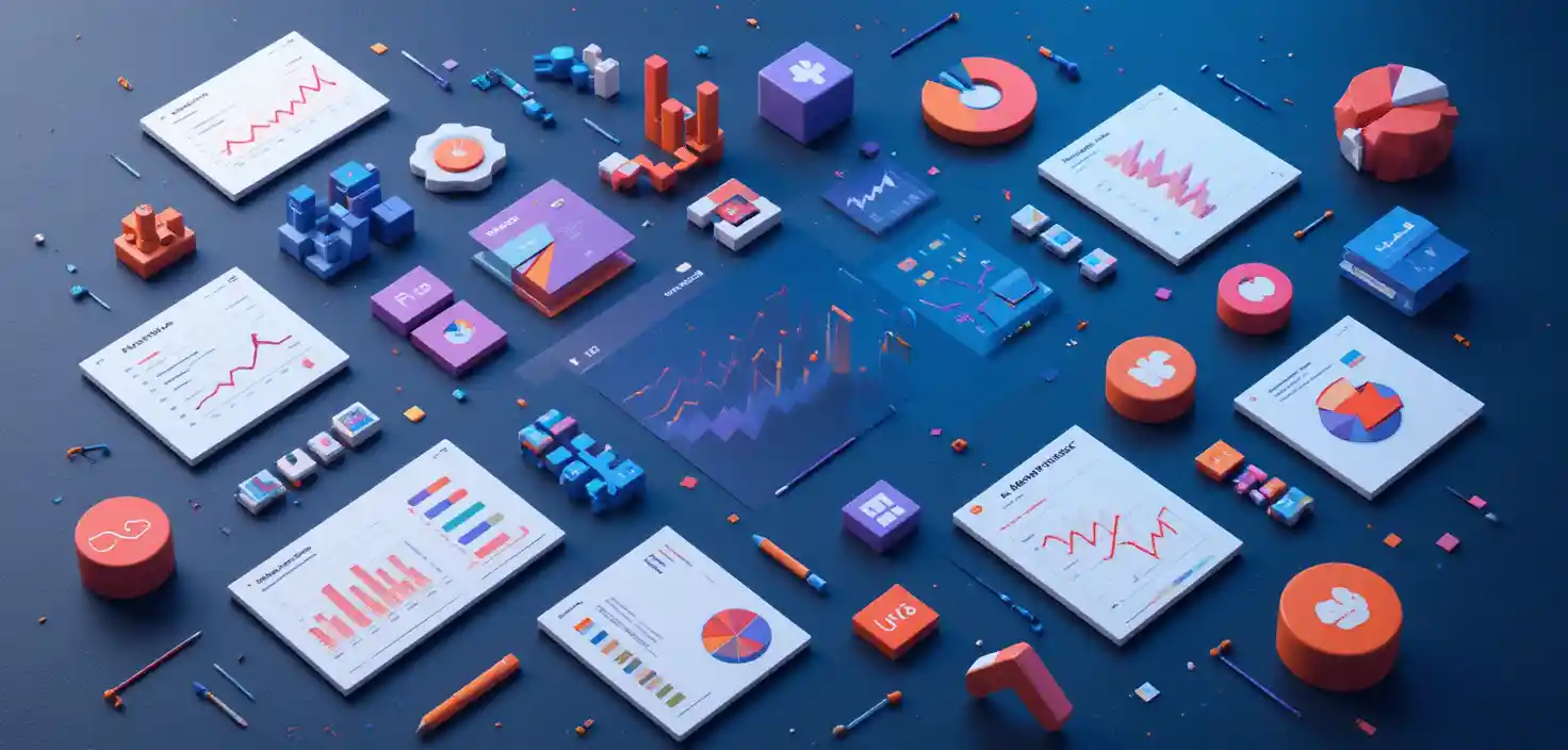 Colorful 3D data charts on a dark abstract background