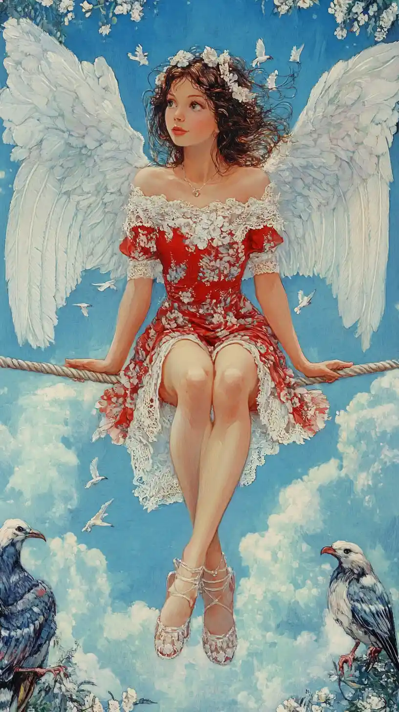 Winged girl balancing on a rope in a dreamy sky