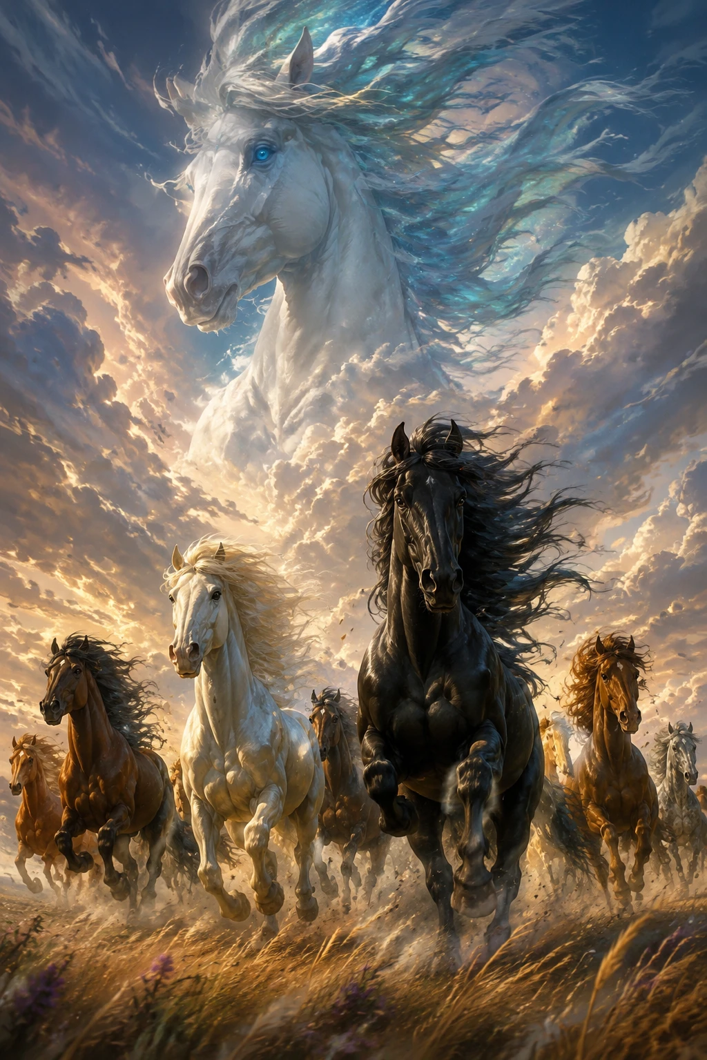 Low angle view of wild horses running beneath clouds