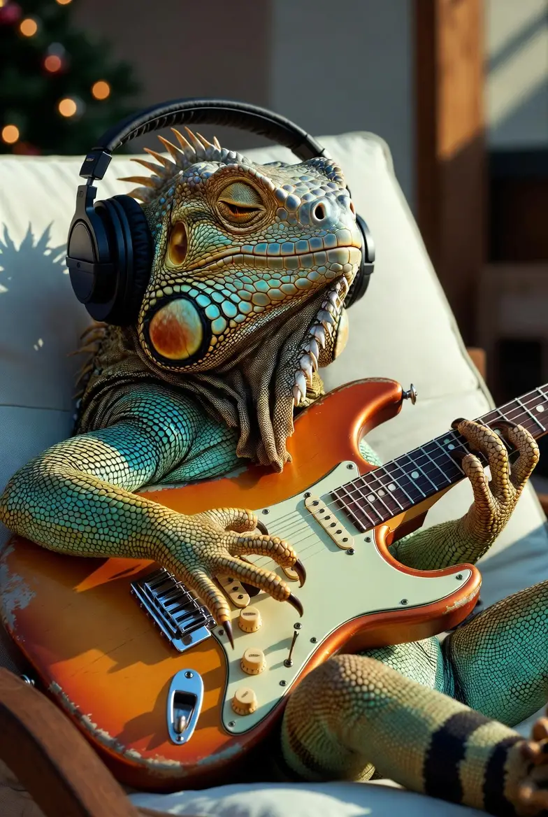Anthropomorphic iguana guitarist relaxing on a sunlit patio