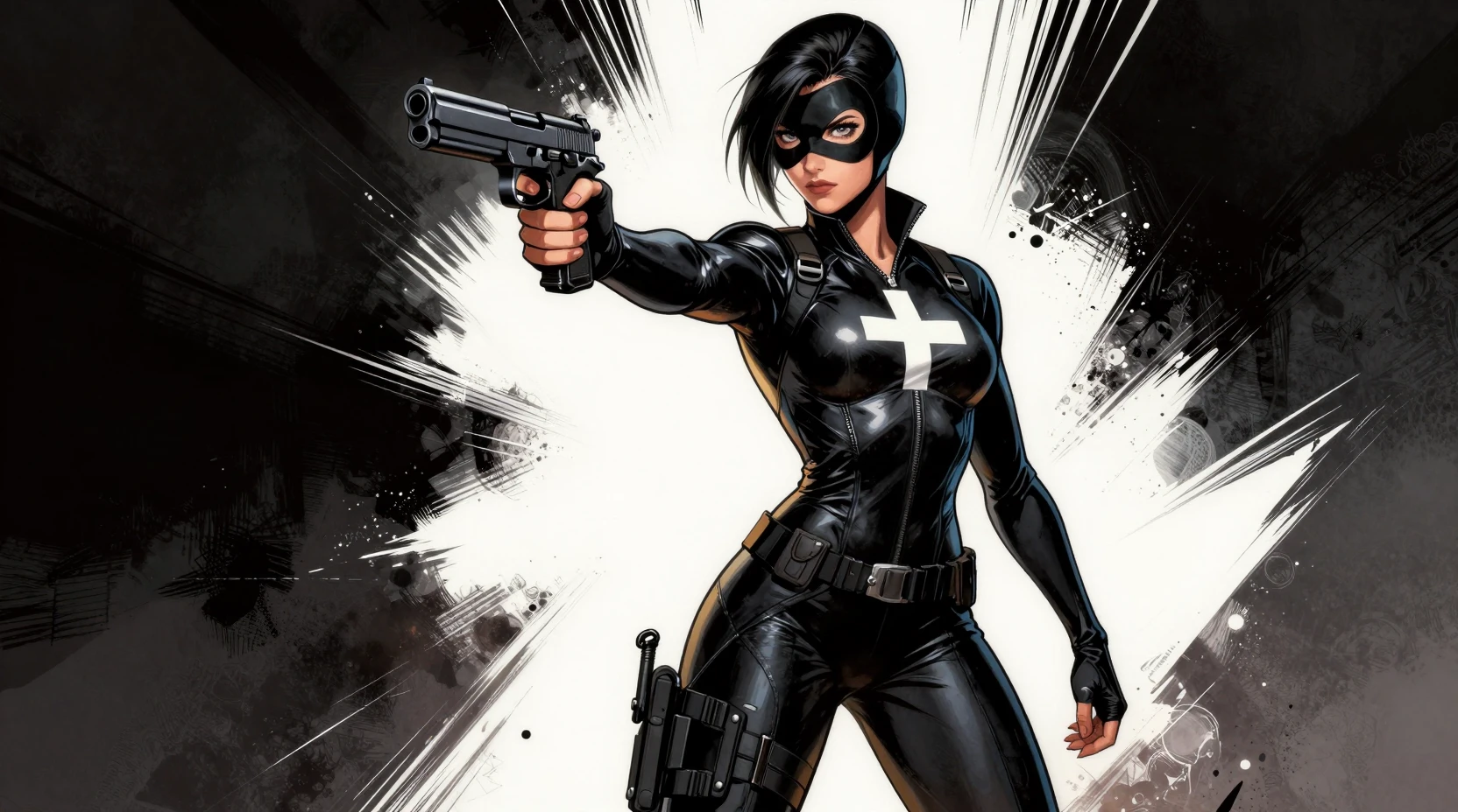Masked female assassin in black bodysuit comic portrait