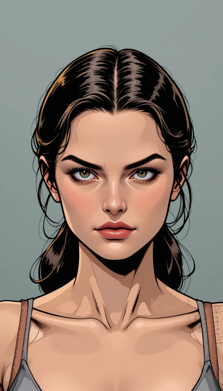 Focused young woman in close up portrait against gray