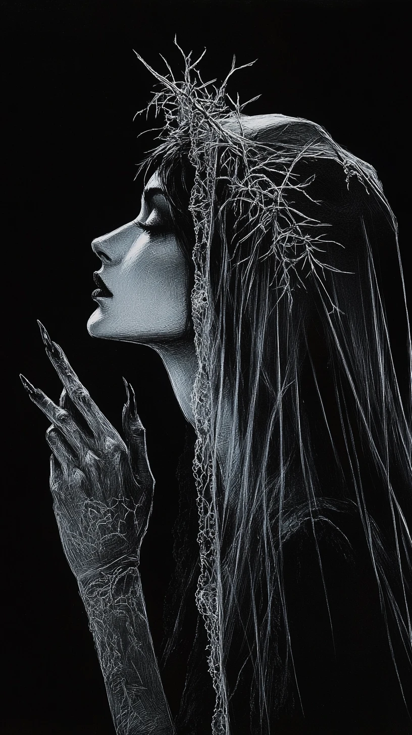 Vampire queen in profile with lace veil and thorns