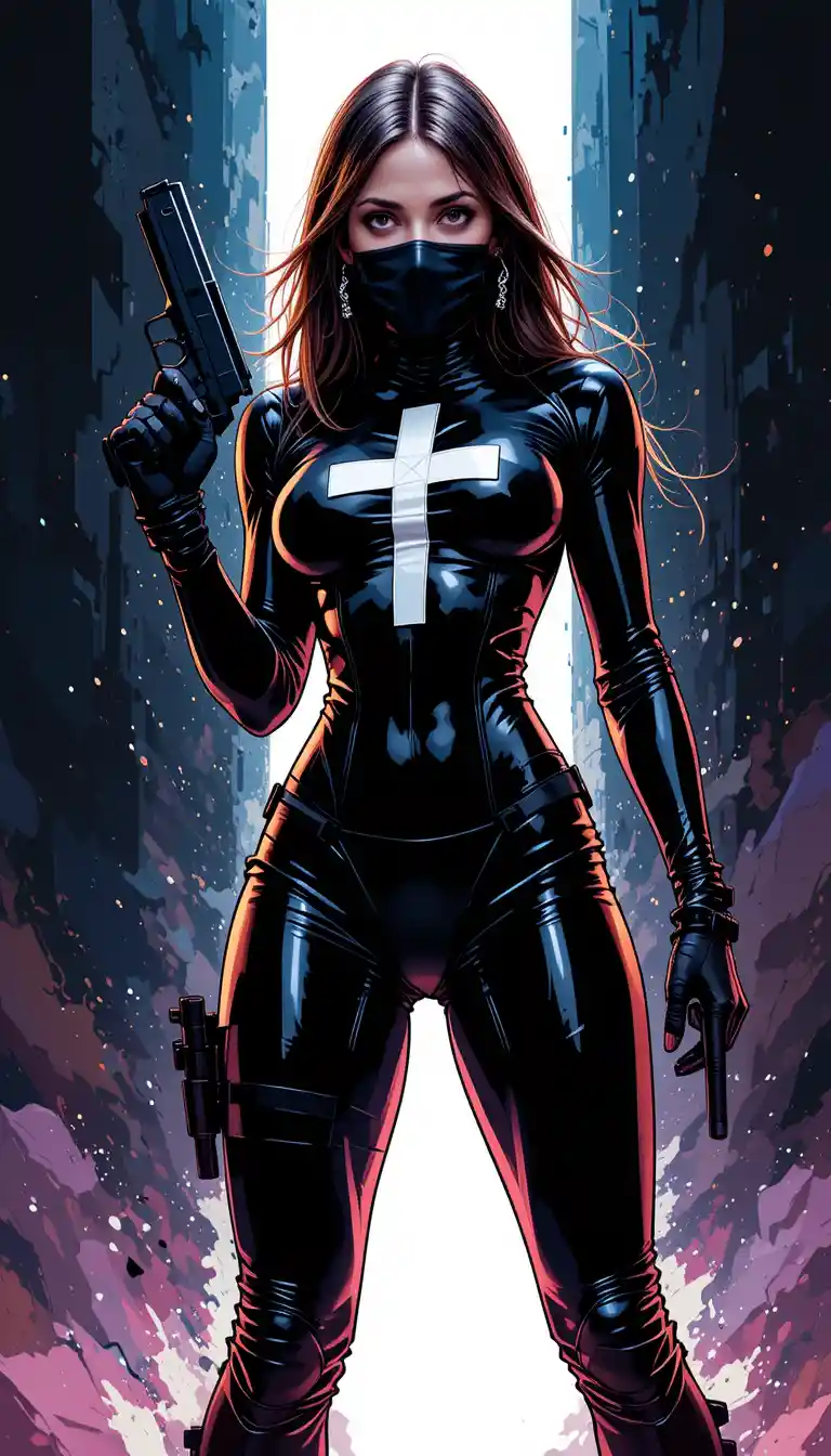 Masked female assassin in comic style dramatic portrait