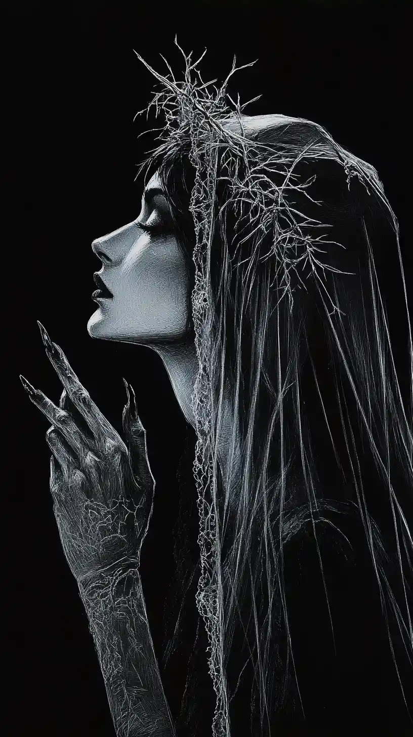 Vampire queen in profile with lace veil and thorns