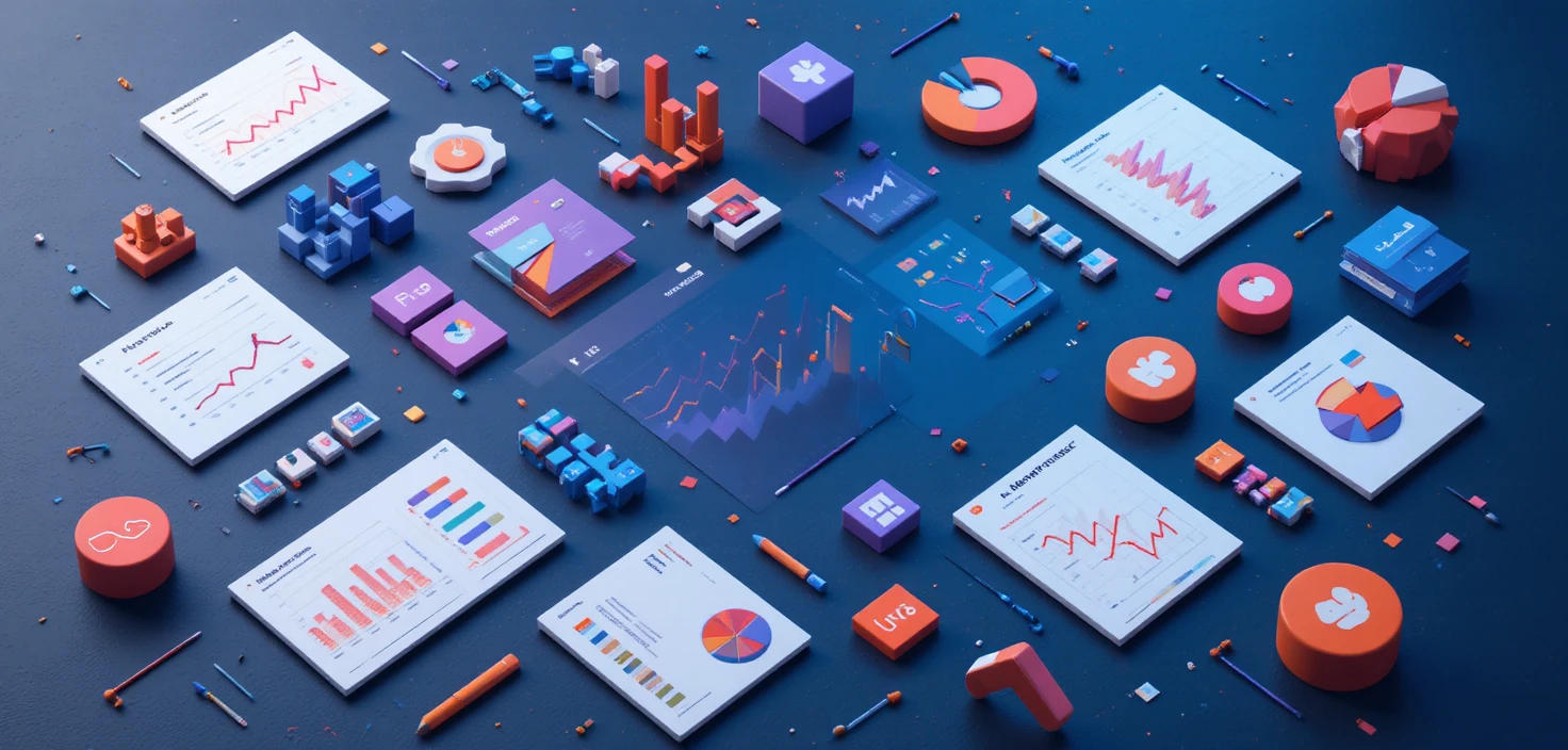 Colorful 3D data charts on a dark abstract background