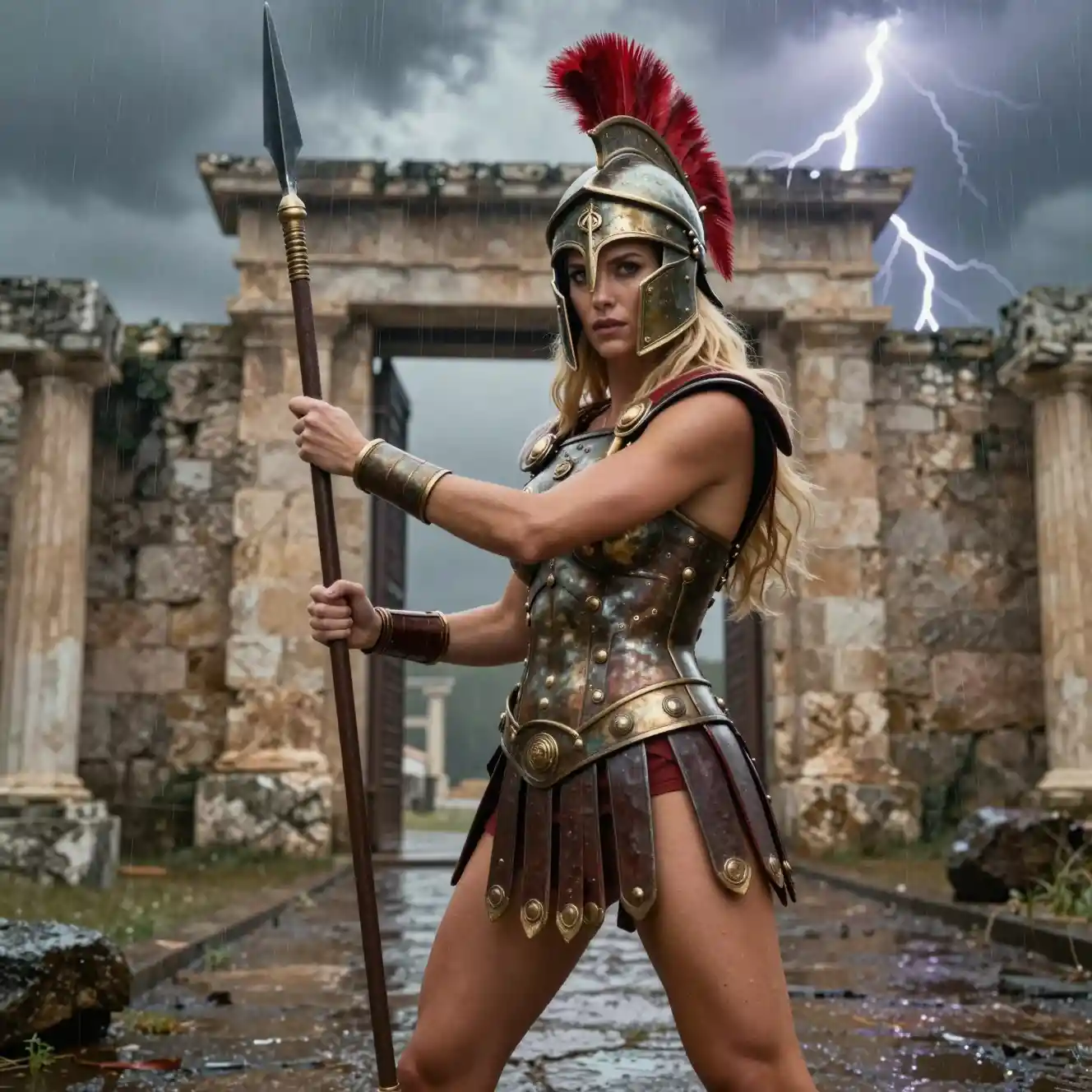 Blonde Warrior Woman In Spartan Armor At Stormy City Gate