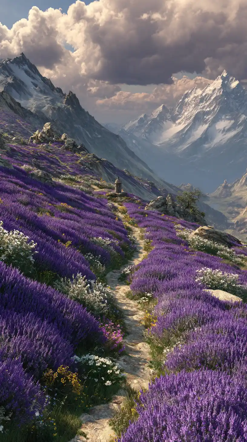 Mountain path through lavender slopes toward distant snowy peaks