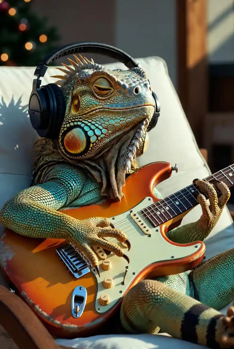 Anthropomorphic iguana guitarist relaxing on a sunlit patio