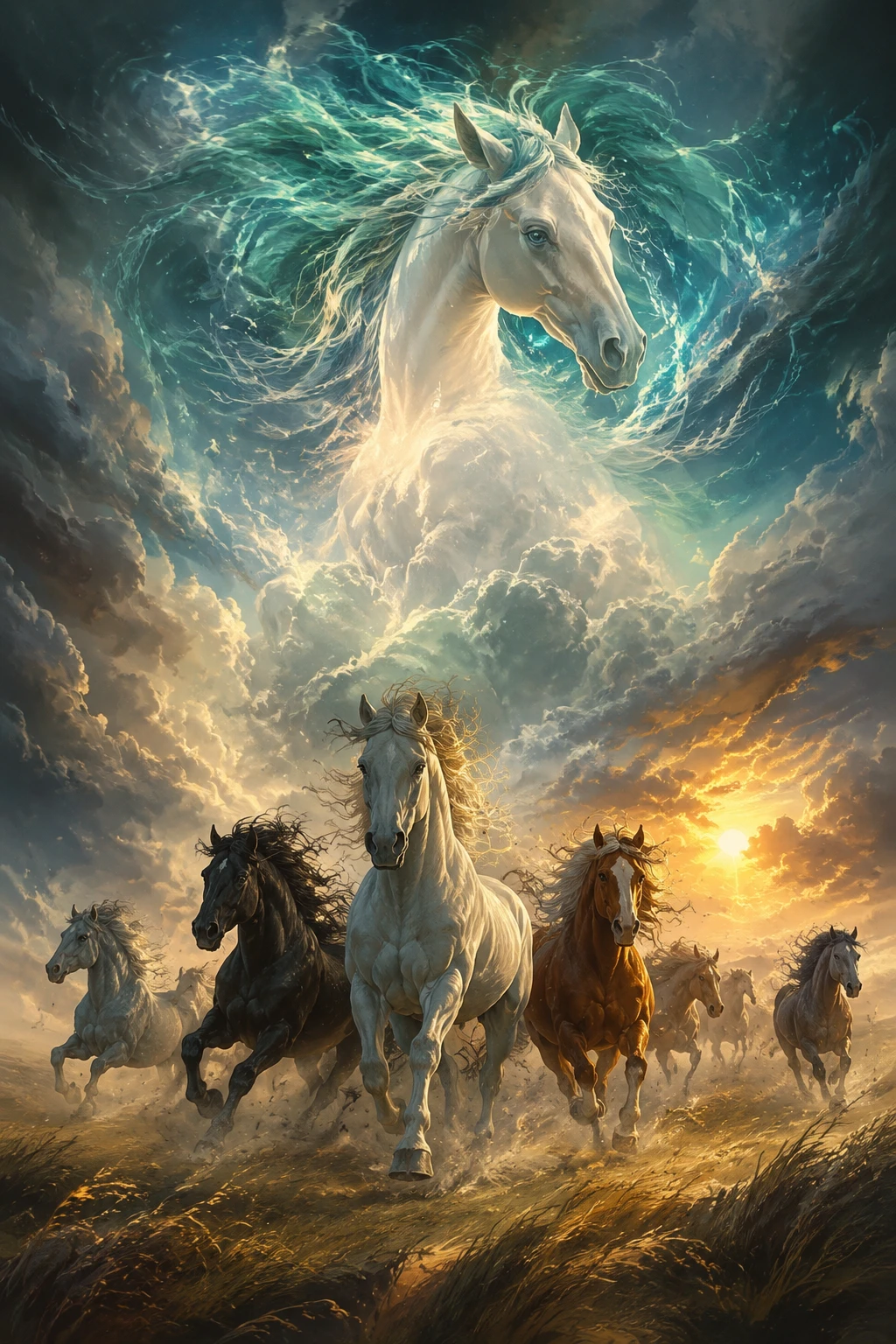Low angle silhouette of wild horses against dramatic sky