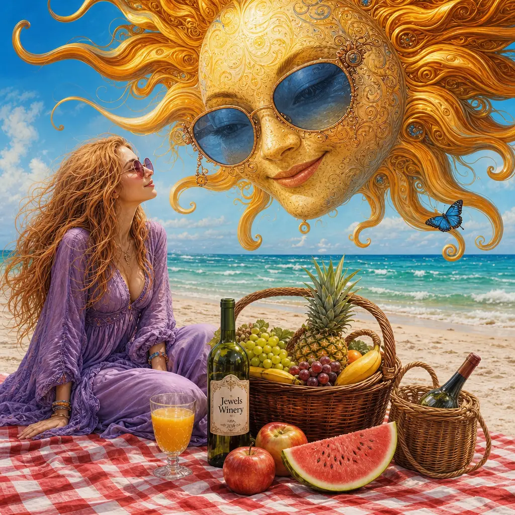 Whimsical beach picnic with woman and sunglasses sun