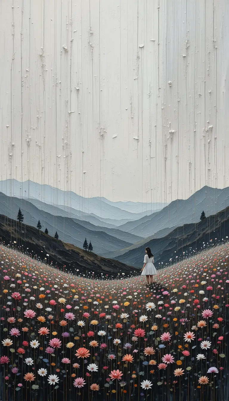 Ethereal landscape with distant joyful woman in devotion