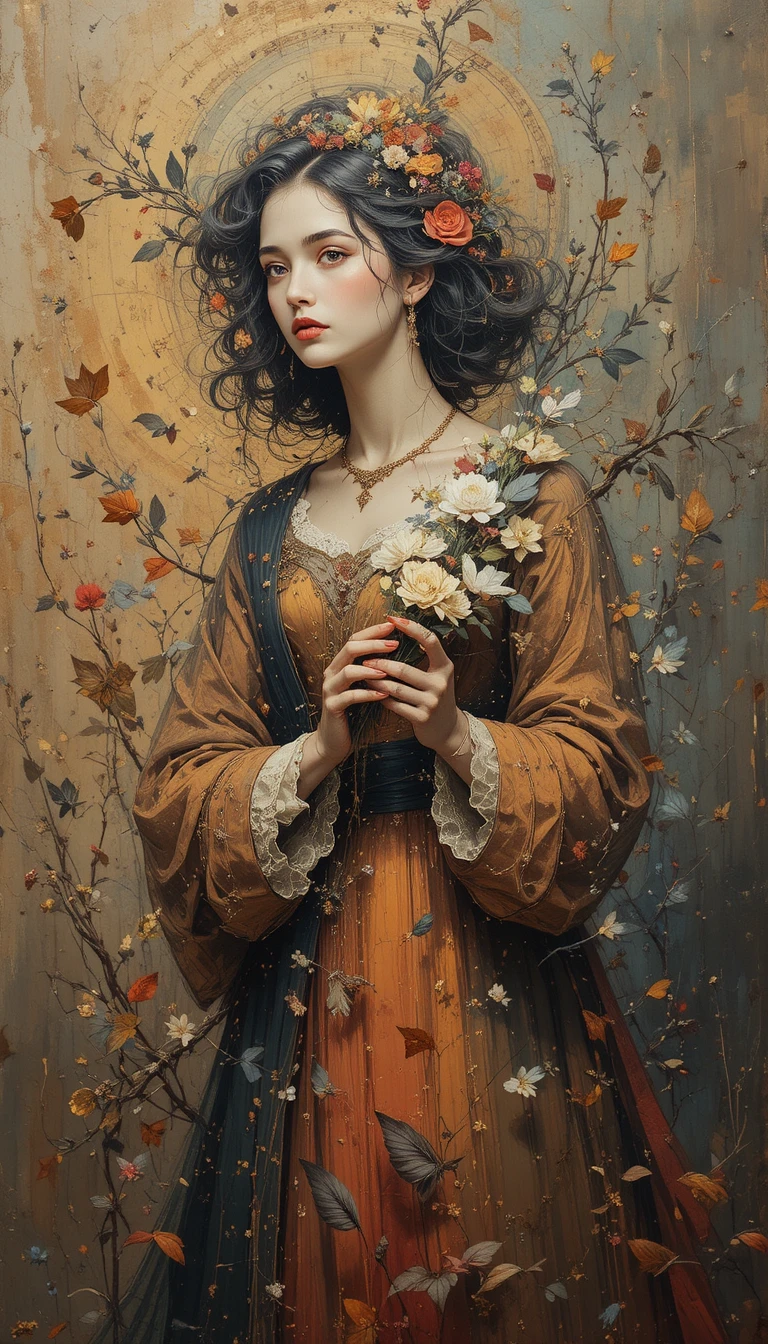 Joyful oil painting of a gentle woman in an old dress