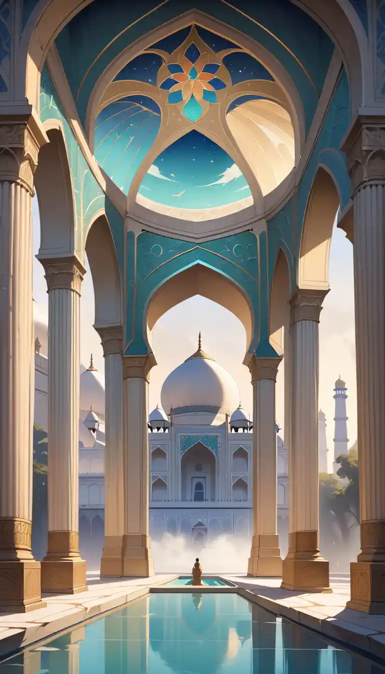 Cinematic low angle view of the Taj Mahal in soft mist