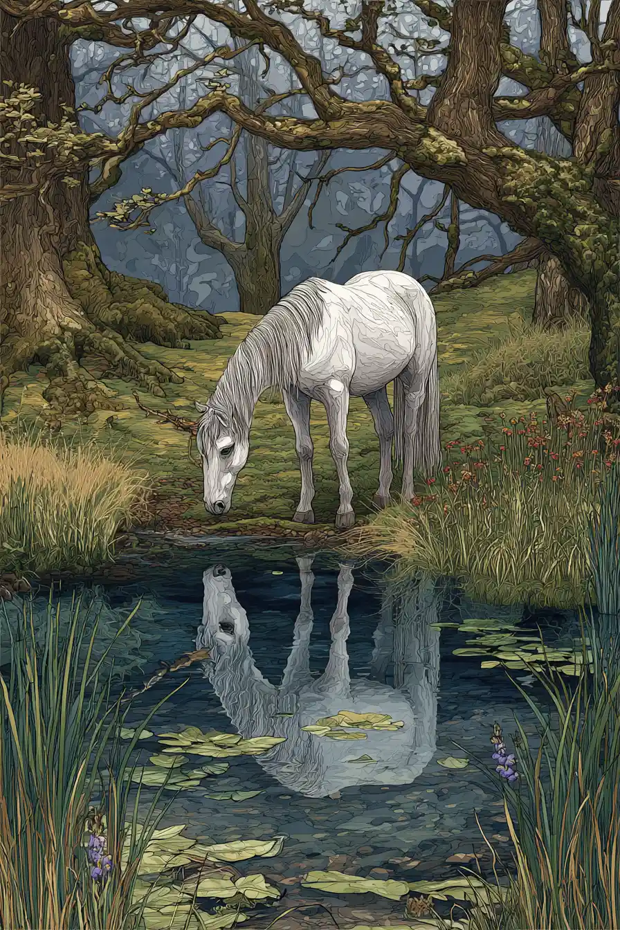 White horse standing by a quiet winter riverbank