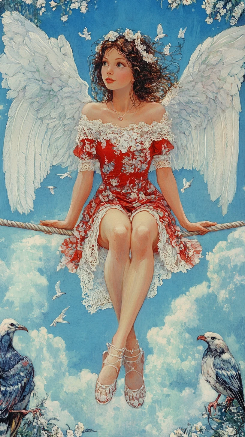 Winged girl balancing on a rope in a dreamy sky