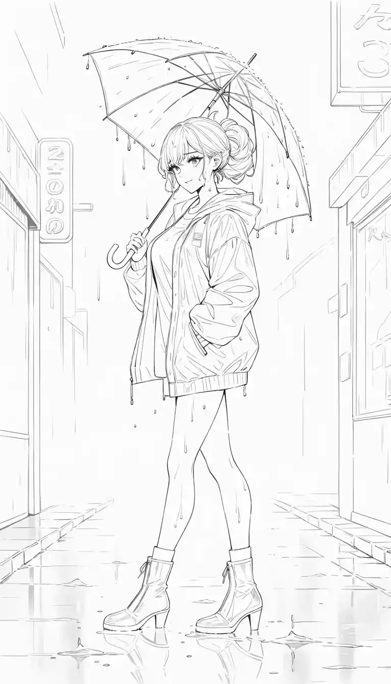 Indian woman under neon lights in rainy alleyway