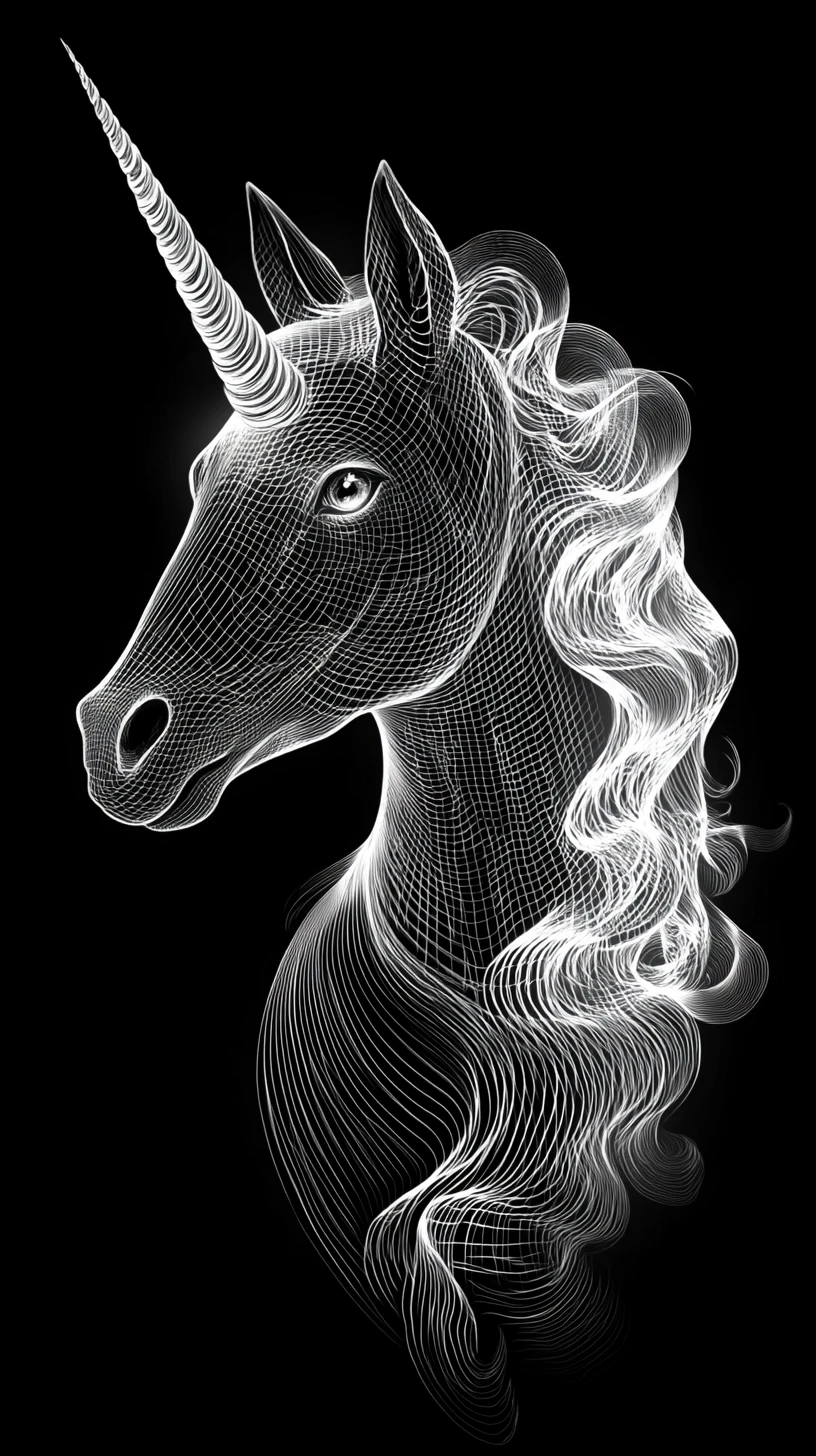 Graceful unicorn profile with glowing horn on black